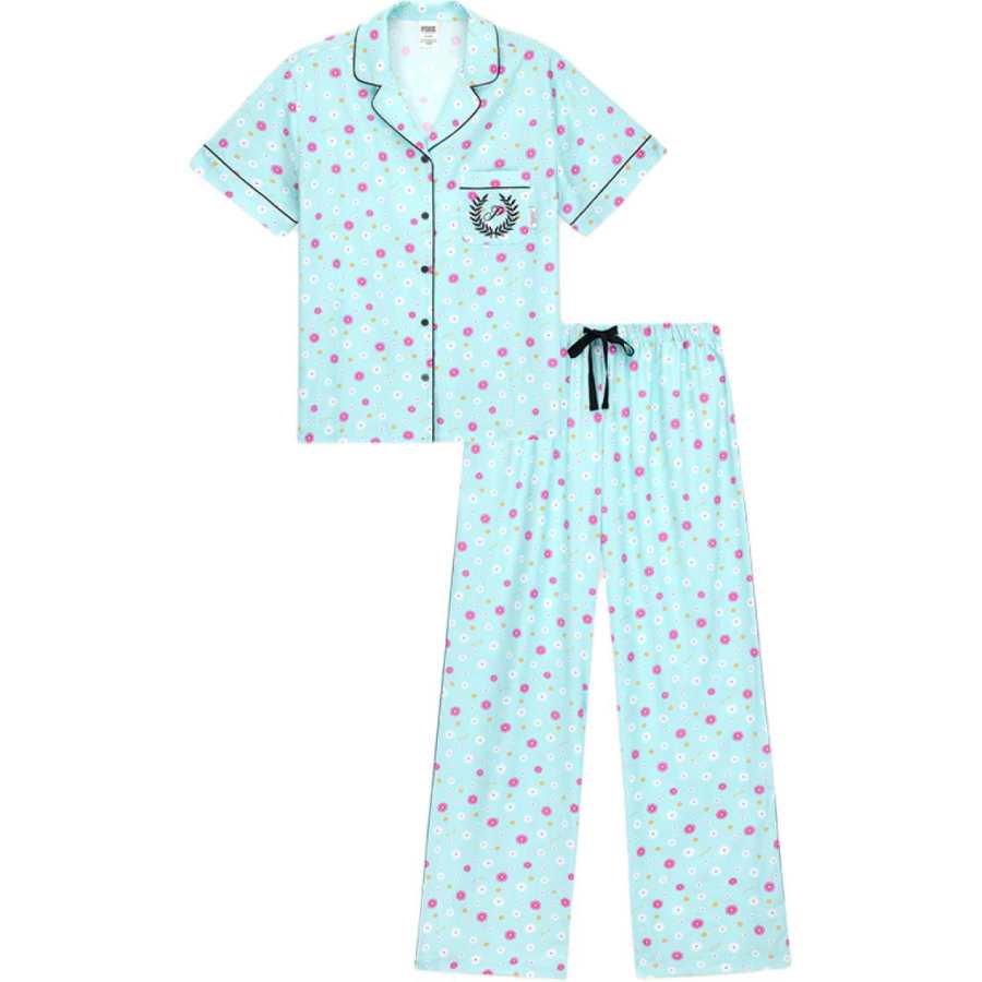 Victoria's Secret Pajama Set Women's Blue With Daisy Jacquard