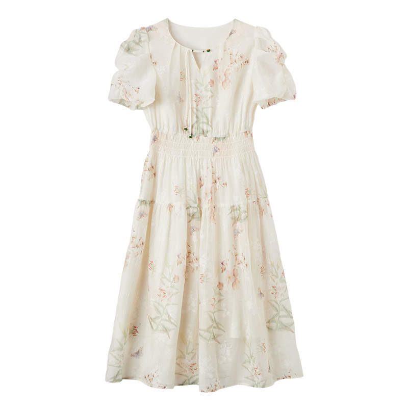 XIANGYING Short Sleeved Dress Women's Beige