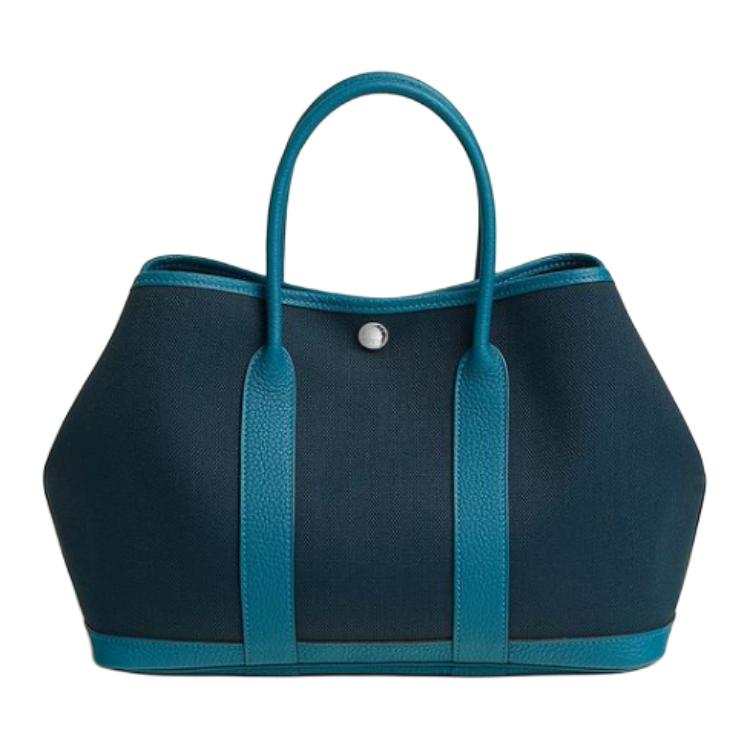 HERMES Garden Party Canvas With Negonda Calfskin Handbag 30 Women's Dark Blue/Black