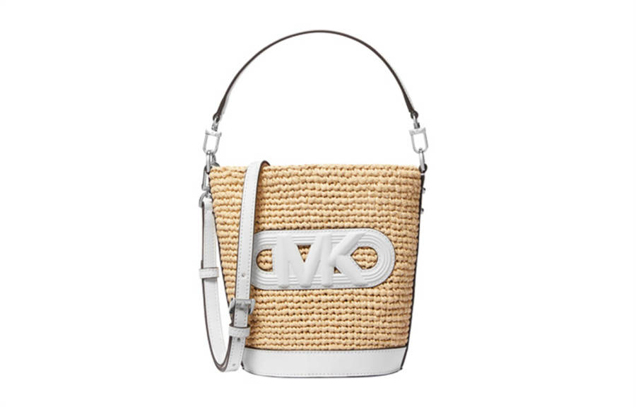 MICHAEL KORS Townsend Straw Woven Fabric+Artificial Leather Bucket Bag, Crossbody Handbag Small Women's Natural & White
