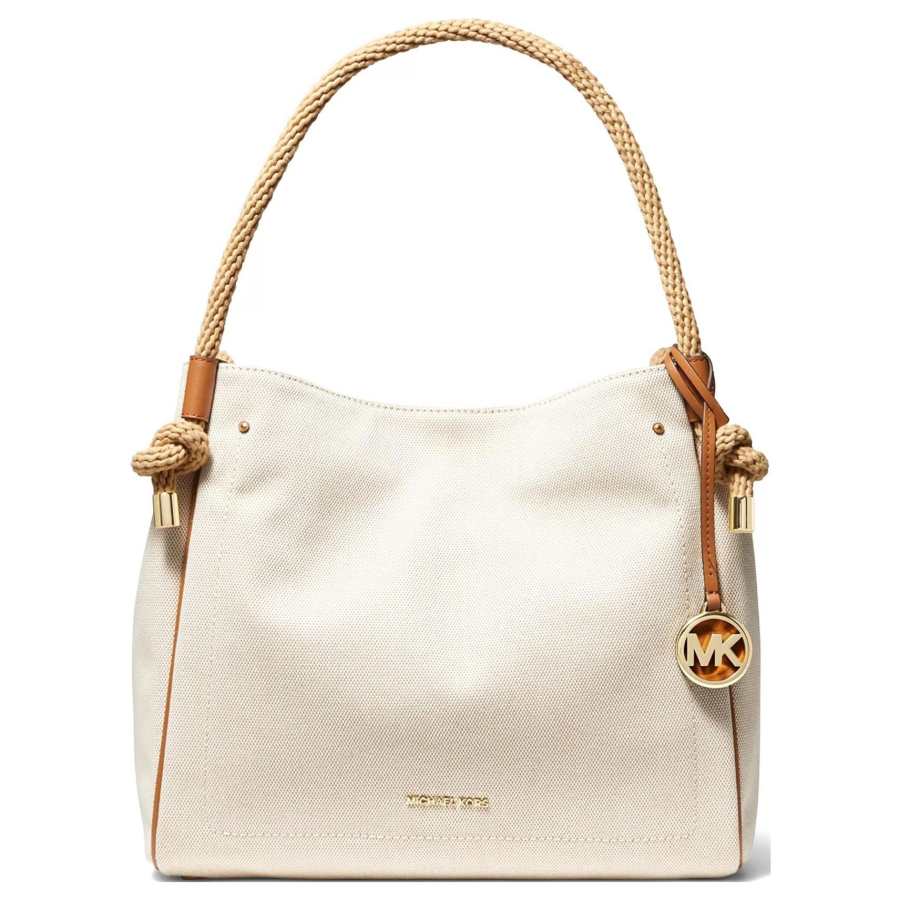 MICHAEL KORS Cotton Fabric With Leather Tote Bag, Shopping Bag, Shoulder Bag, Handbag Large Women's Natural