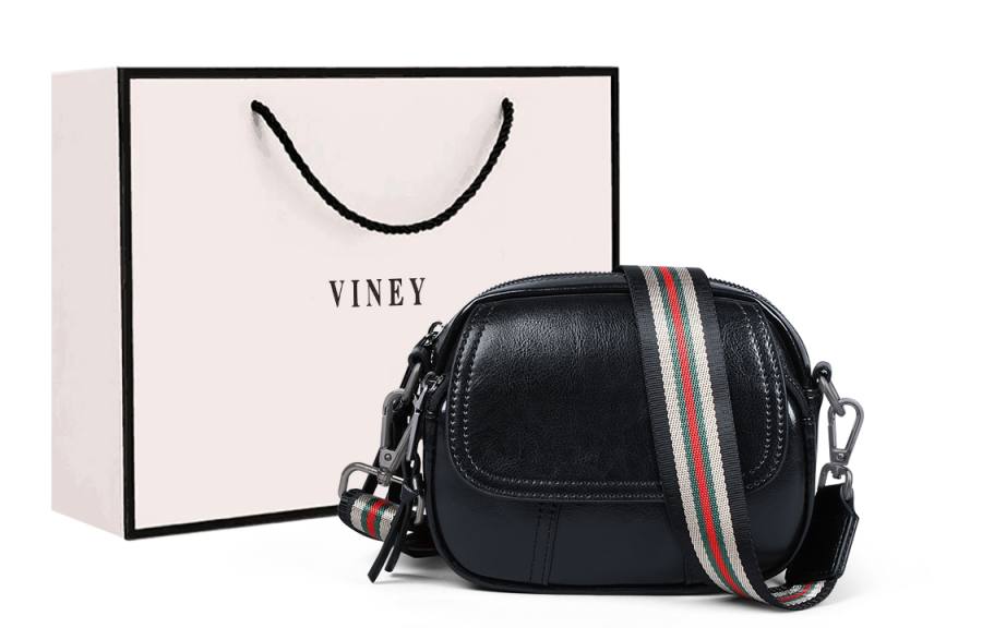 VINEY Cow Leather Shoulder Bag, Crossbody Bag, Small Round Bag Regular Women's Black