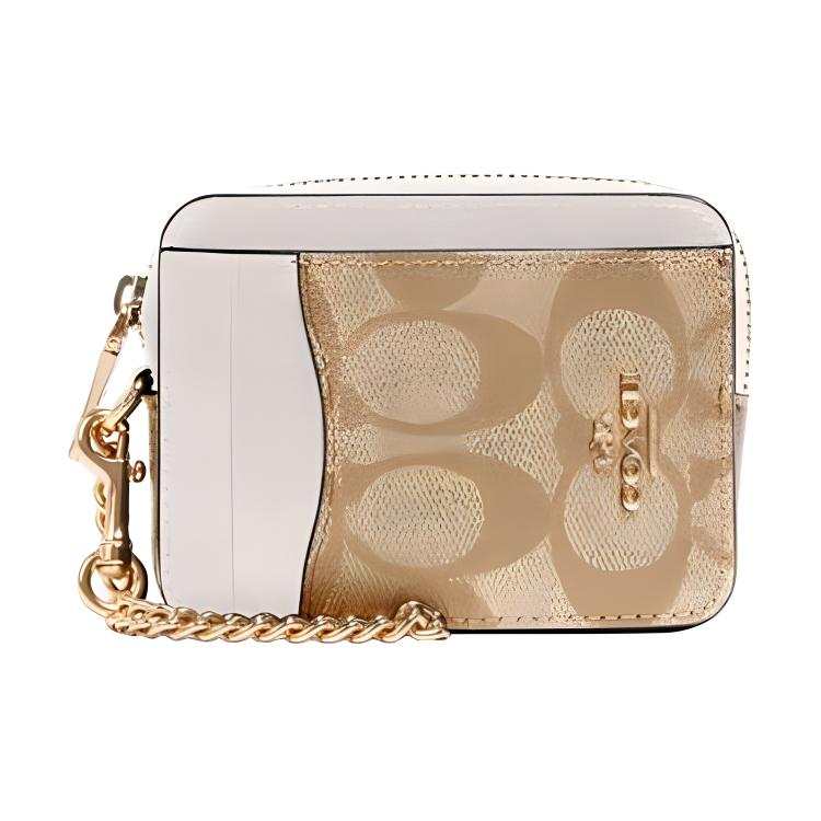COACH Card Case Canvas With Leather Card Holder Women's White & Light Khaki