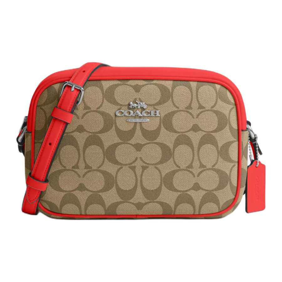 COACH Jamie Coated Canvas With Smooth Leather Crossbody Bags Small Women's Silver & Khaki & Miami Red