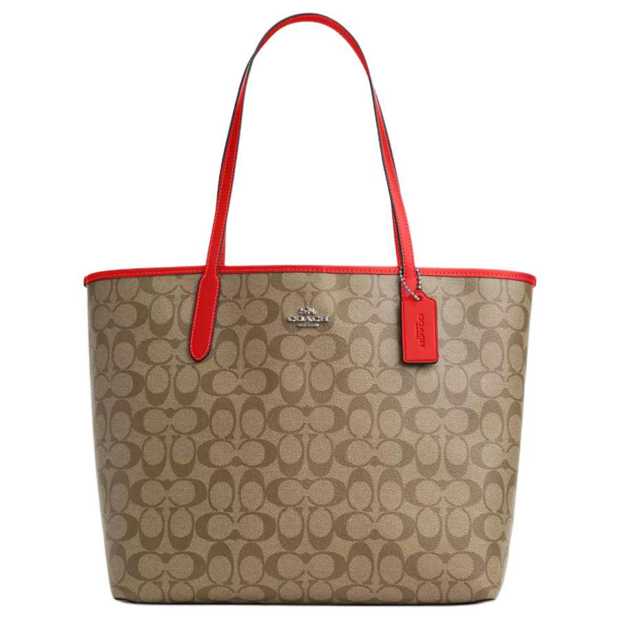 COACH City Artificial Leather Tote Bag, Shopping Bag, Shoulder Bag, Handbag Large Women's Khaki & Miami Red