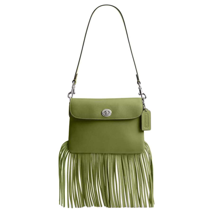 COACH 1964 Fringe Leather Handbag, Shoulder Bag Small Women's Silver & Dark Lime