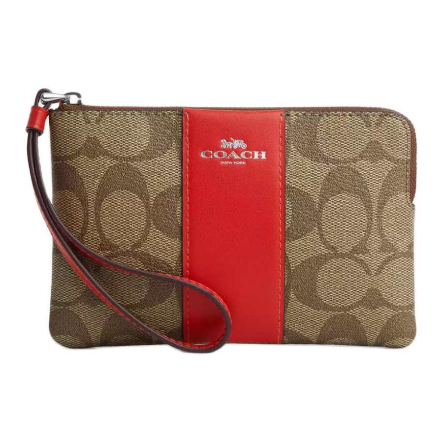 COACH Corner Zip Coated Canvas With Recycled Leather Clutch Regular Women's Khaki & Miami Red & Silver