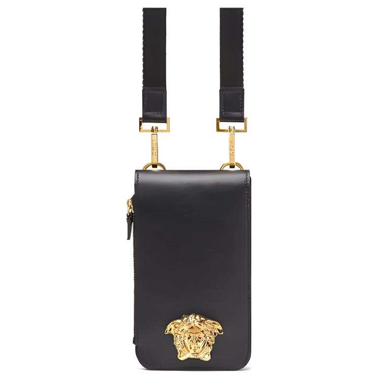 VERSACE La Medusa Zip Closure Cow Leather Shoulder Bag, Crossbody Bag Mini Men's Black