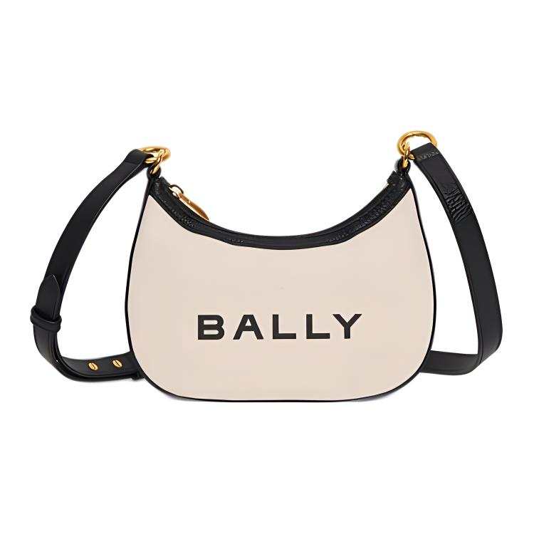 BALLY Fabric With Cow Leather Crescent Bag, Shoulder Bag, Crossbody Bag Small Women's Natural & Black