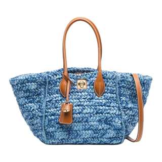ERMANNO SCERVINO Fashion Trend Leather With Raffia Tote Bag, Shopping Bag, Handbag Women's Blue