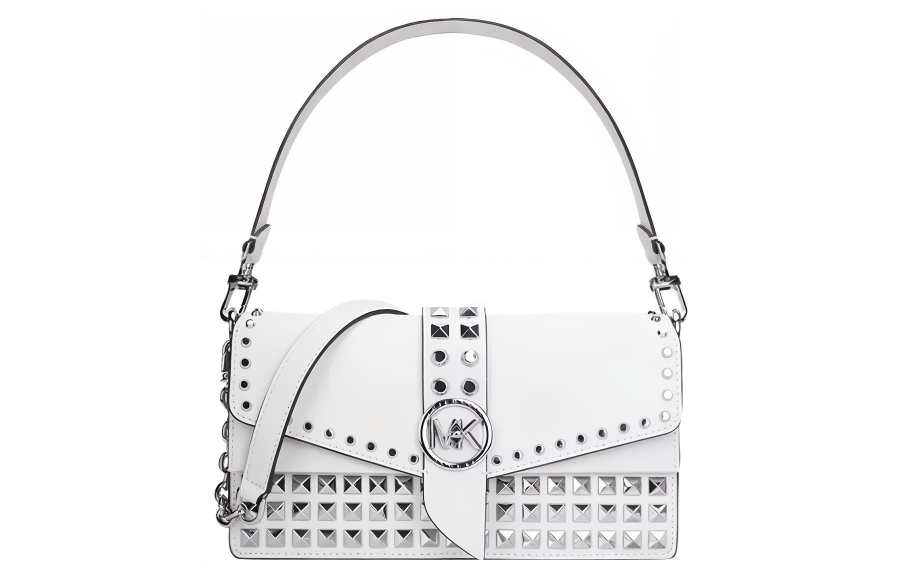MICHAEL KORS Greenwich Cow Leather Shoulder Bag, Crossbody Bag, Handbag Medium Women's White