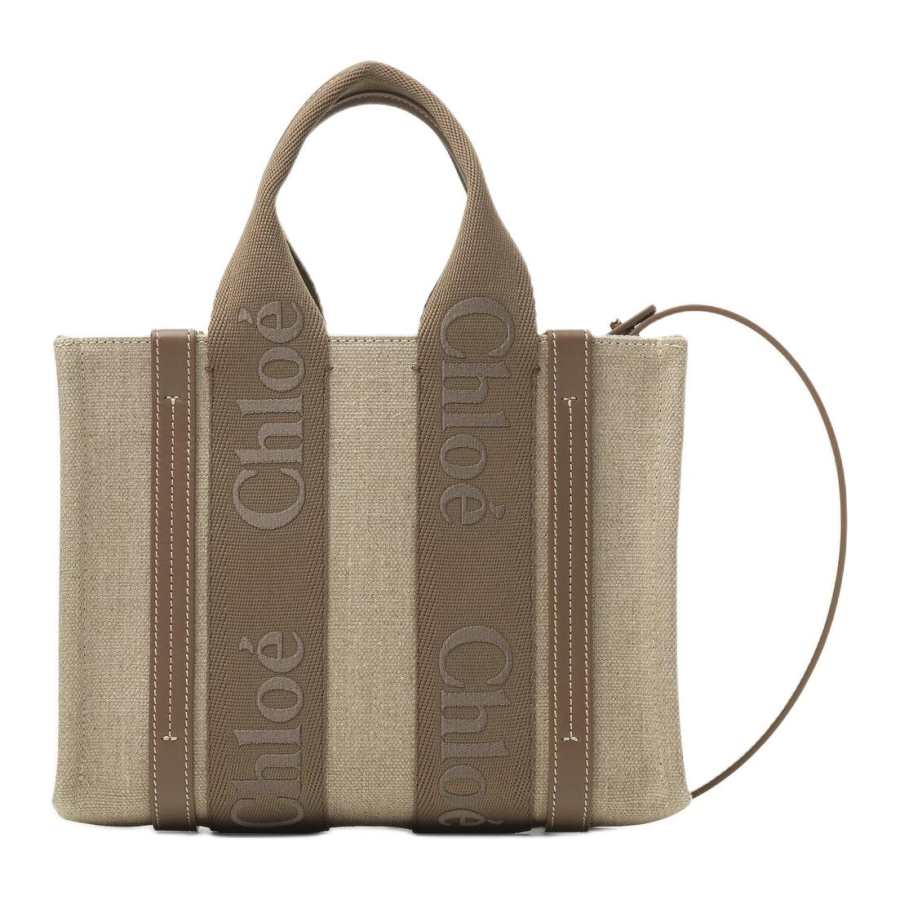 Chloé Chloe Woody Linen With Calfskin Tote Bag, Shopping Bag, Shoulder Bag, Crossbody Bag, Handbag Small Women's Deep Nut