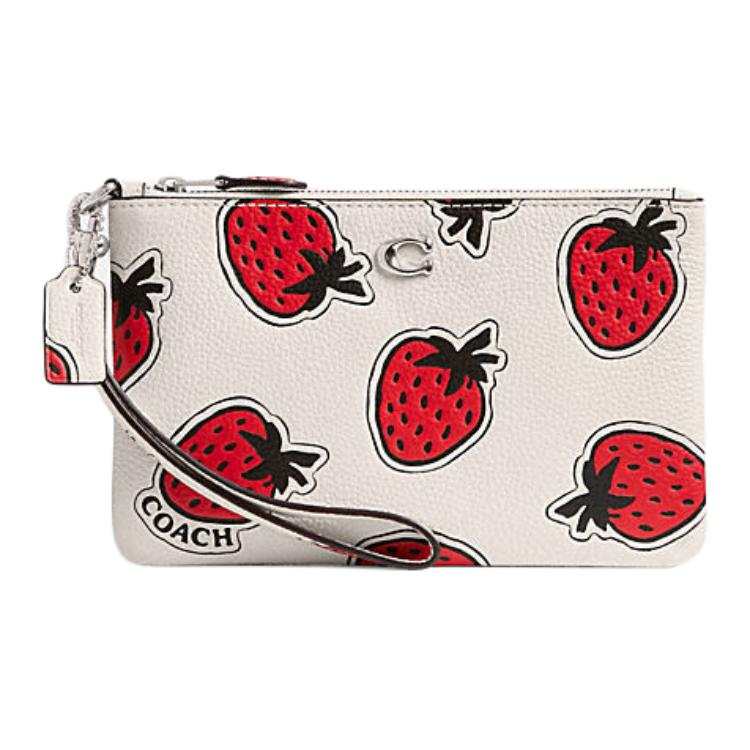 COACH Wristlet Pebbled Leather Clutch Small Women's White & Red