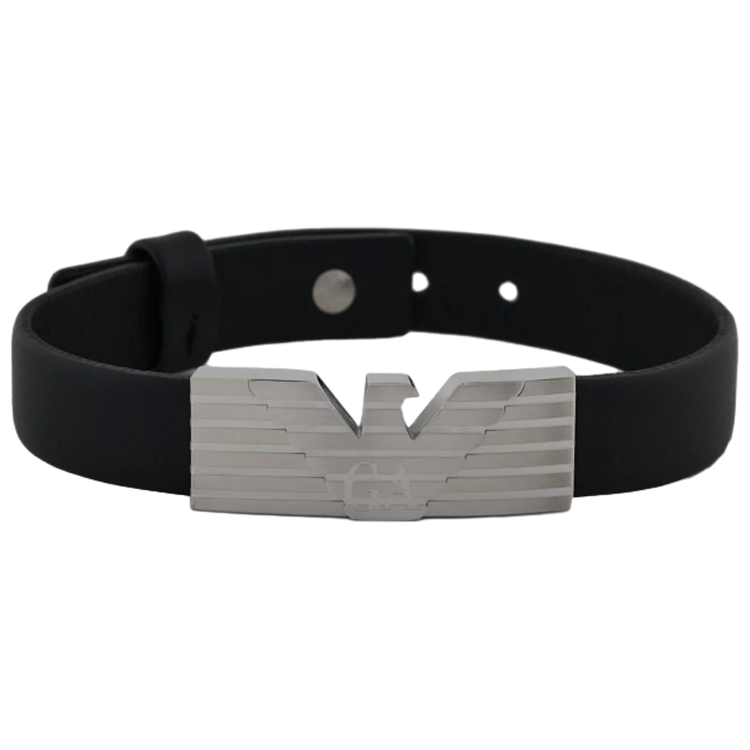 EMPORIO ARMANI Stainless Steel And Black Leather Strap Id Bracelet