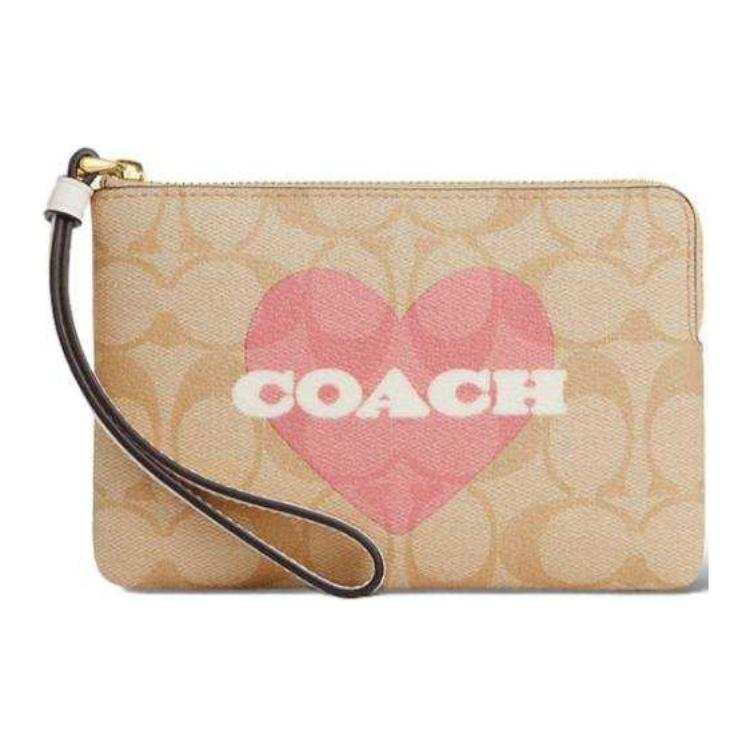 COACH Corner Zip Artificial Leather Wrist Bag Clutch Small Women's Light Khaki & Chalk White