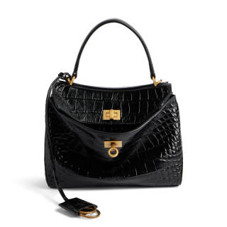 Balenciaga Rodeo Soft Crocodile Pattern Embossed Cow Leather Shoulder Bag, Crossbody Bag, Handbag Mini Women's Black