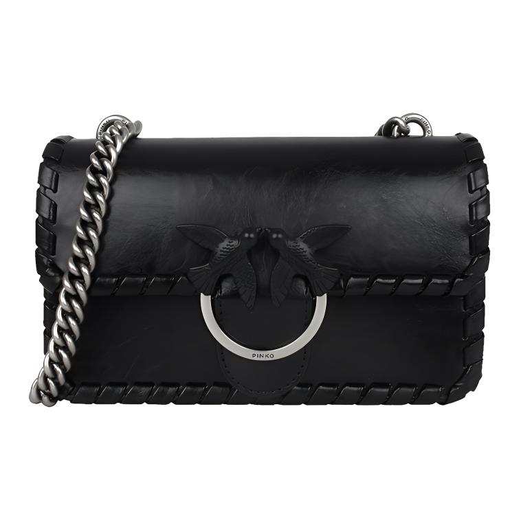 PINKO Cow Leather Swallow Bag Crossbody Bag, Shoulder Bag Women's Black