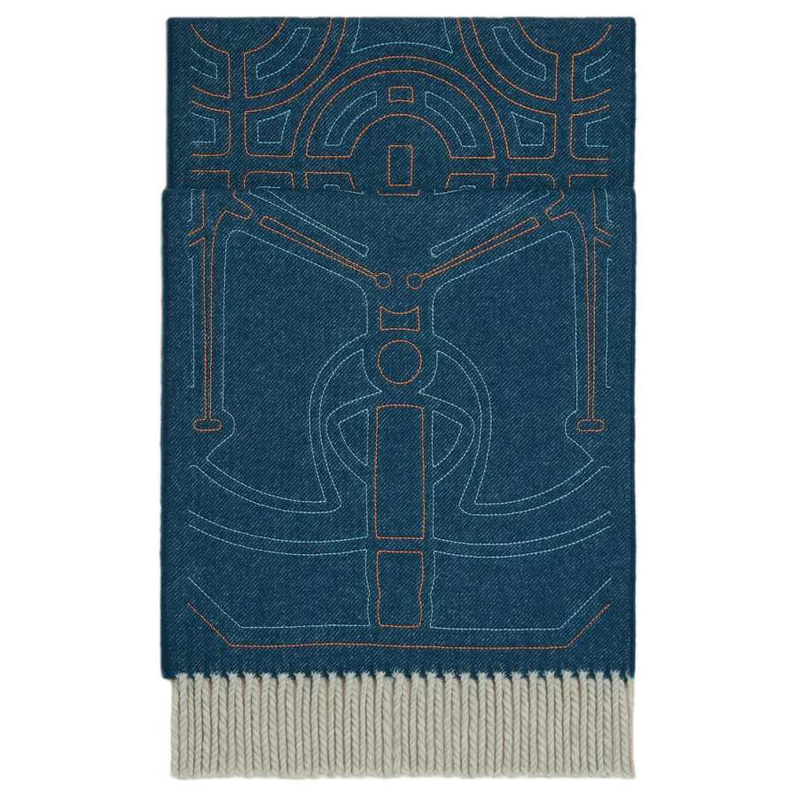 HERMES HERMES Printed Pattern Cashmere Knit Scarves Unisex Blue