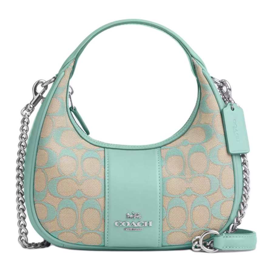 COACH Iconic Jacquard With Smooth Leather Handbag, Shoulder Bag, Crossbody Bag Small Women's Silver & Faded Blue