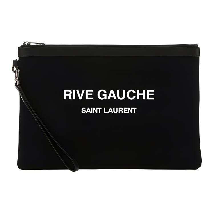SAINT LAURENT Rive Gauche Cotton With Leather Canvas Bag Wristband Clutch Unisex Black