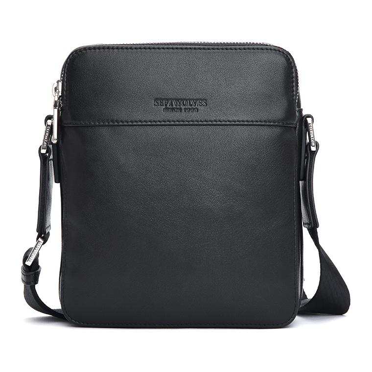SEPTWOLVES Cow Leather Shoulder Bag, Crossbody Bag Medium Men's Elegant Black