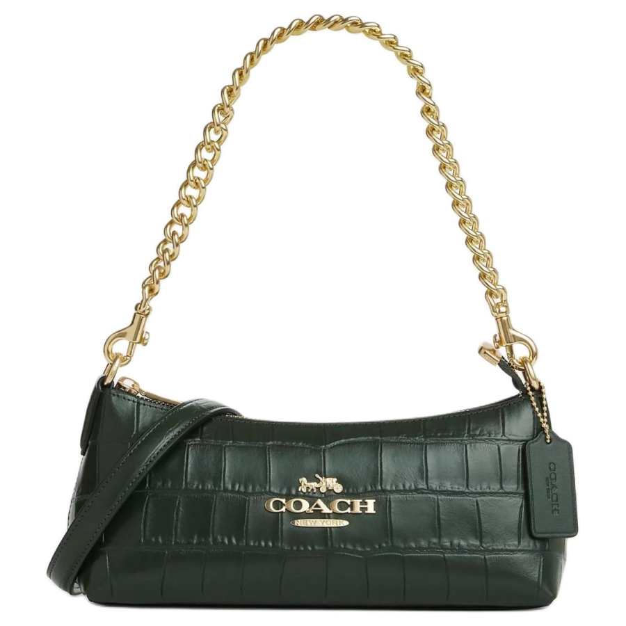 COACH Charlotte Leather Baguette Bag, Handbag, Shoulder Bag Medium Women's Gold & Amazon Green