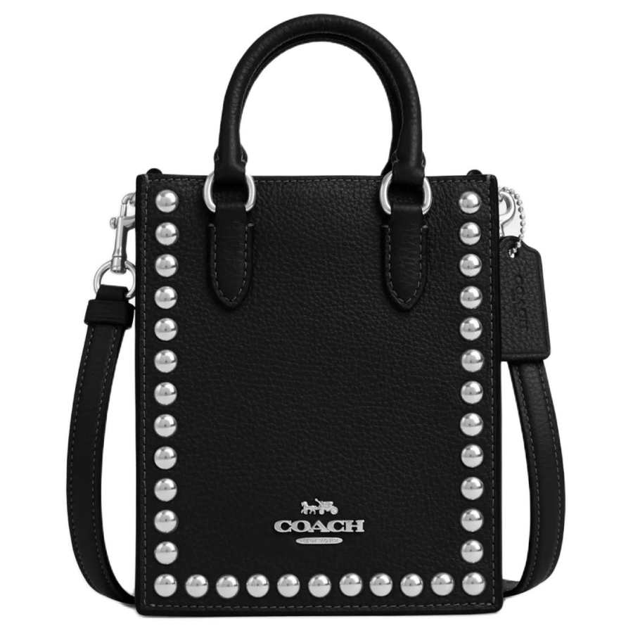 COACH N/S Pebbled Leather Tote Bag, Shopping Bag, Handbag, Shoulder Bag, Crossbody Bag Mini Women's Silver & Black