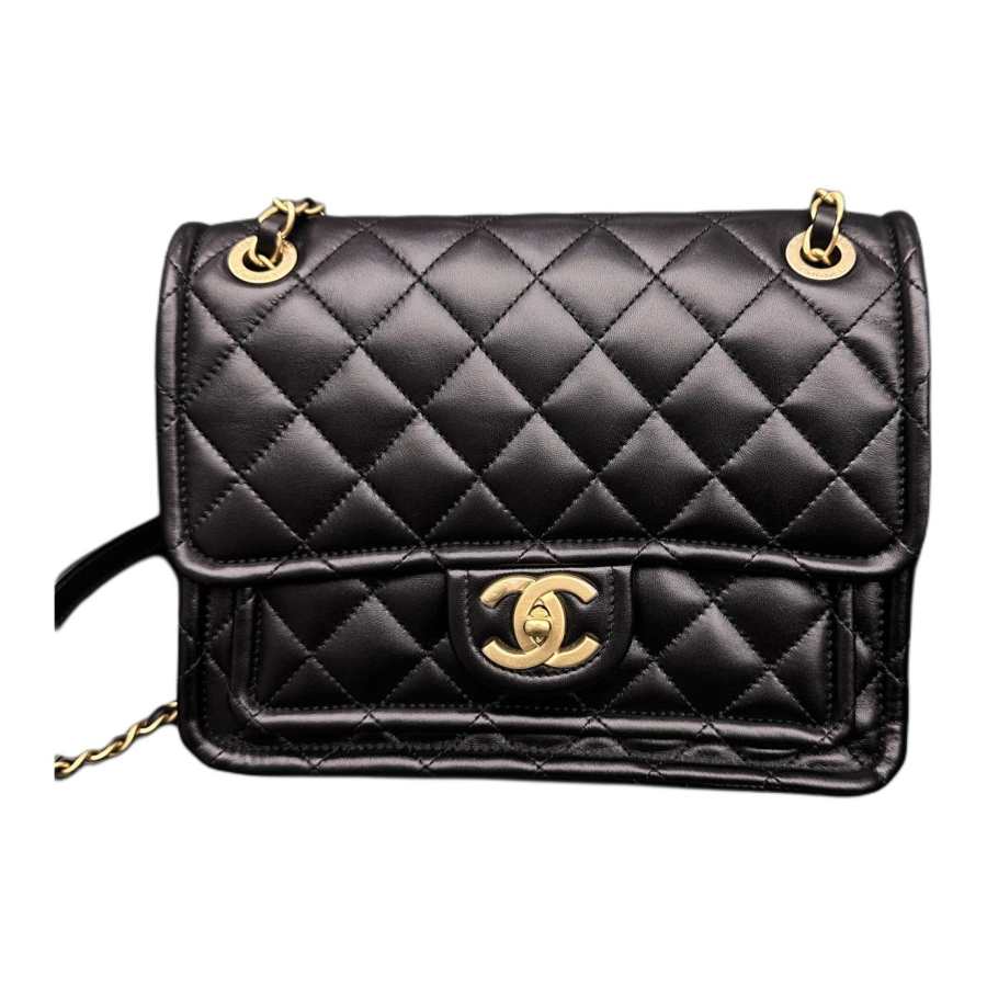 CHANEL Shiny Lambskin & Metal Shoulder Bag, Crossbody Bag Medium Women's Black