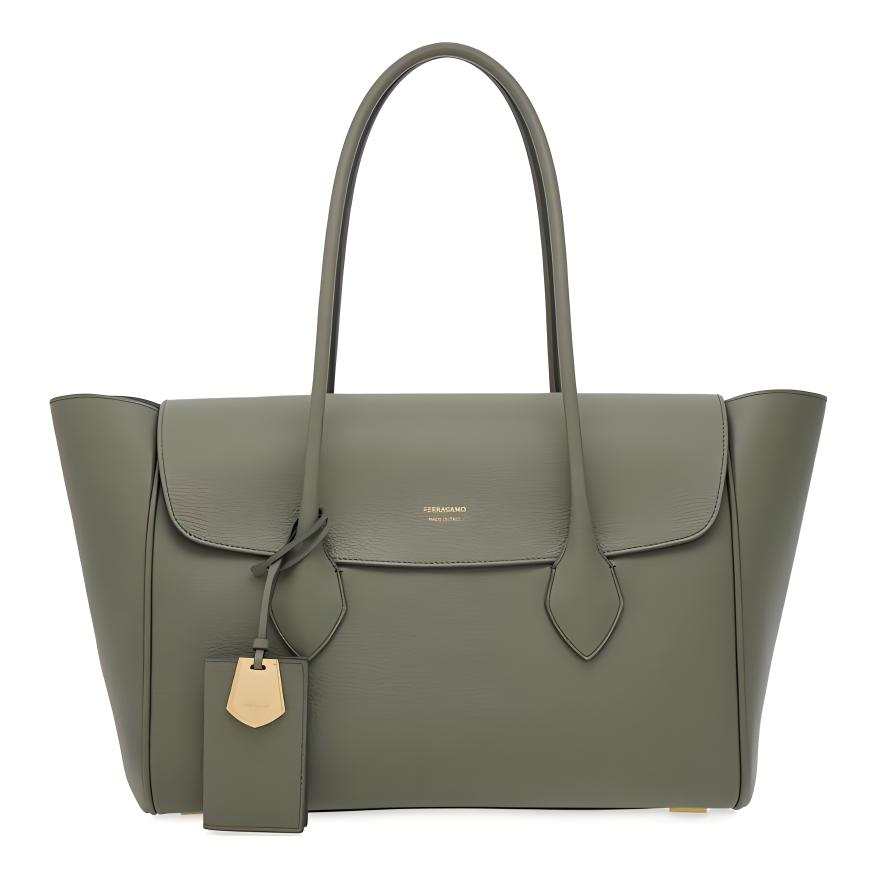 FERRAGAMO Hammered Texture Calfskin Handbag Large Women's Forest Green