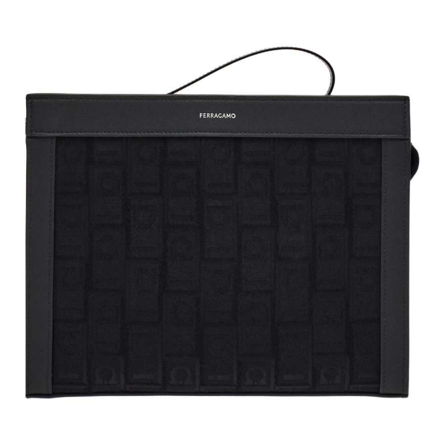 FERRAGAMO Calfskin Textile Clutch Men's Black