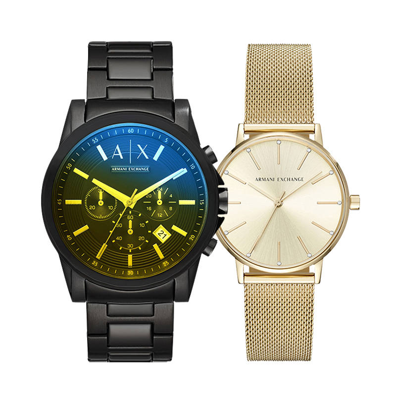 ARMANI EXCHANGE Wrist Watches Quartz Movement Stainless Steel Strap Gold Dial Unisex