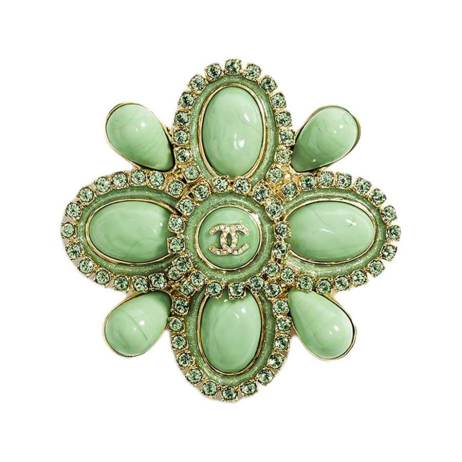 CHANEL Metal, Resin, Glass Pearl, Rhinestone, Crystal Brooches Unisex Green