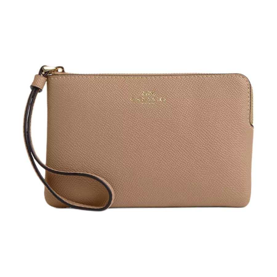 COACH Corner Zip Recycled Leather Wrist Clutch Small Women's Umber