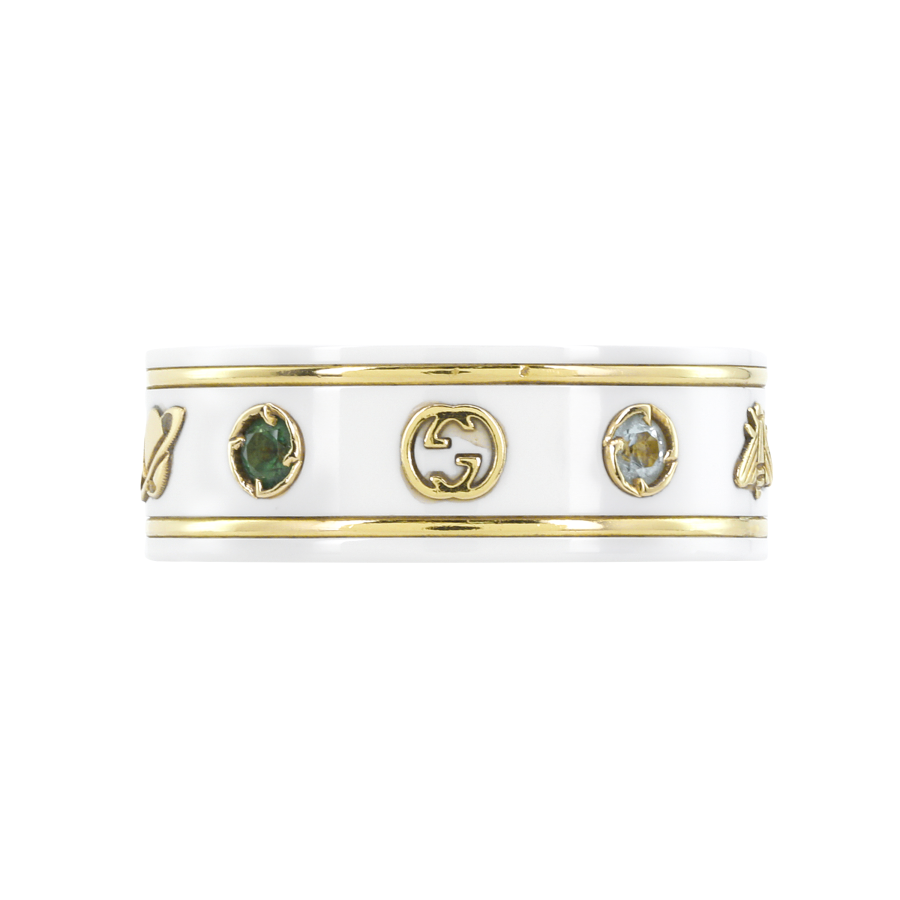 GUCCI Icon 18K Gold With Artificial Gemstone Rings Unisex White/Gold