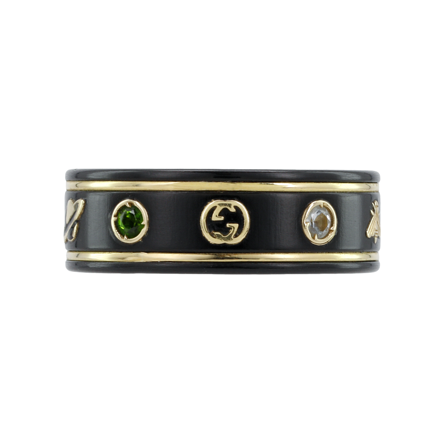GUCCI Icon 18K Gold Topazes Synthetic Corundum Rings Women's Black/Gold