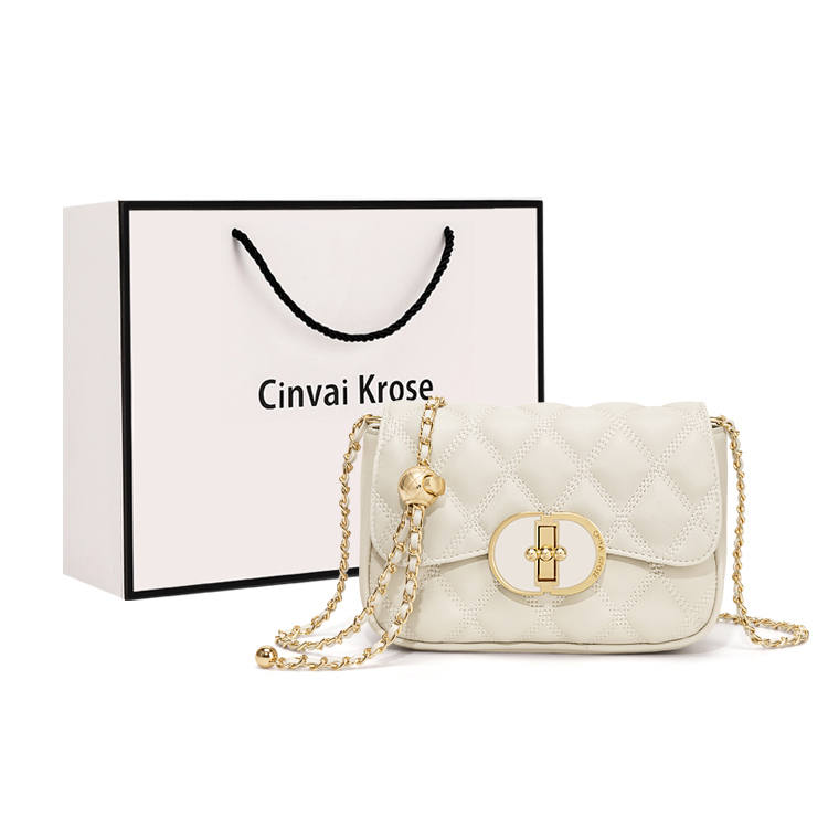 CinvaiKrose Cow Leather With Synthetic Leather Chain Shoulder Bag, Crossbody Bag Small Women's Black/Ecru