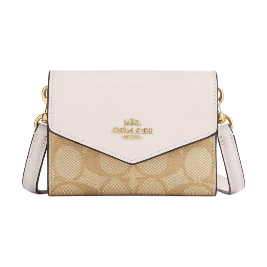 COACH Envelope Canvas With Leather Envelope Wallet Mini Women's Gold & Light Khaki Chalk