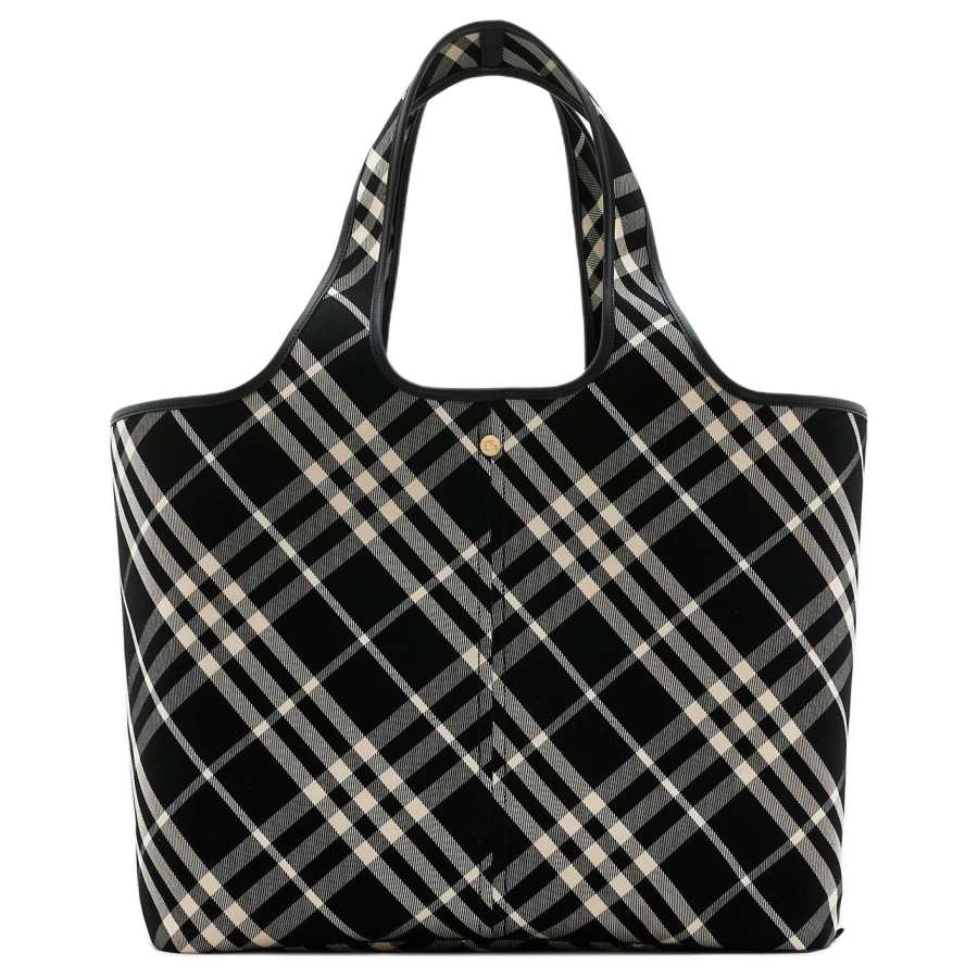 Burberry Cotton With Fabric With Smooth Calfskin Tote Bag, Shopping Bag, Handbag Medium Women's Black & Calico