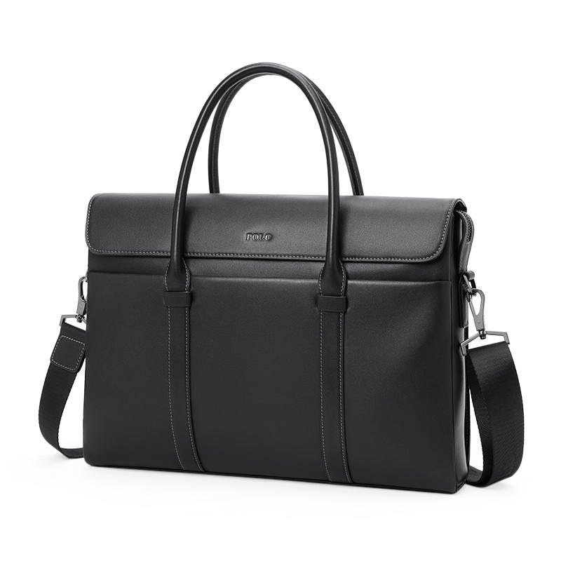 POLO Top Grain Cow Leather Men's Crossbody Bag Briefcase Large Men's Black