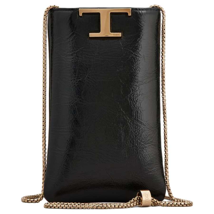 TOD'S Timeless Calfskin One Shoulder Crossbody Cell Phone Pouch Women's Black