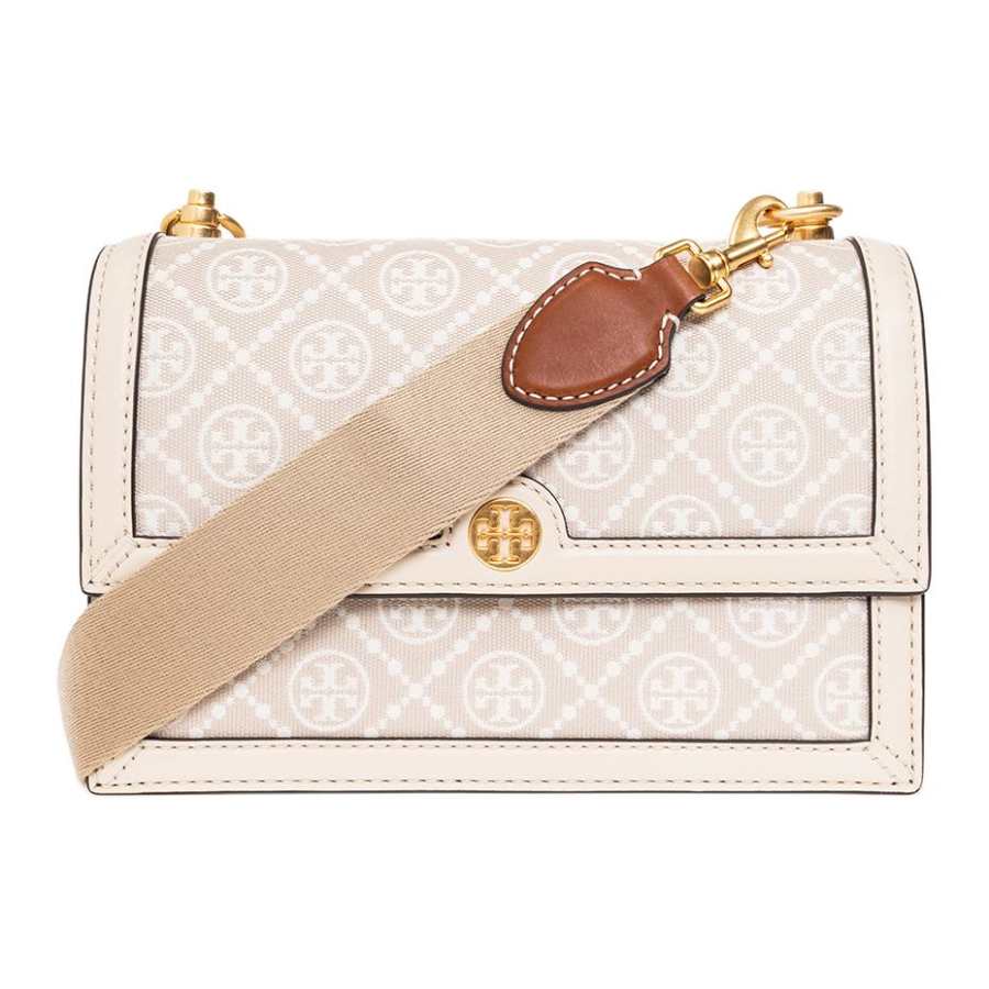 TORY BURCH T Monogram Fabric With Leather Trim Crossbody Bags Small Women's Almond White