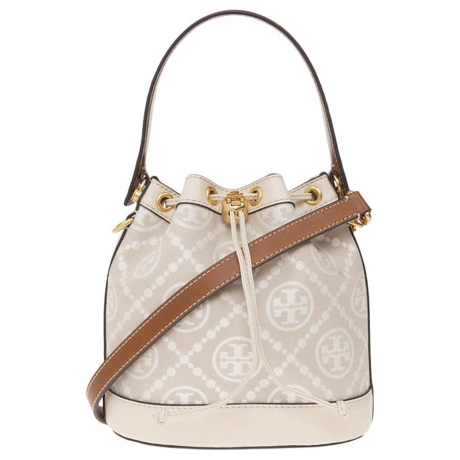 TORY BURCH T Monogram Jacquard With Leather Trim Bucket Bag, Crossbody Handbag Women's Almond White