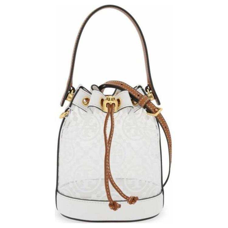 TORY BURCH T Monogram Leather Trim Bucket Bag, Shoulder Bag, Crossbody Bag, Handbag Mini Women's Transparent