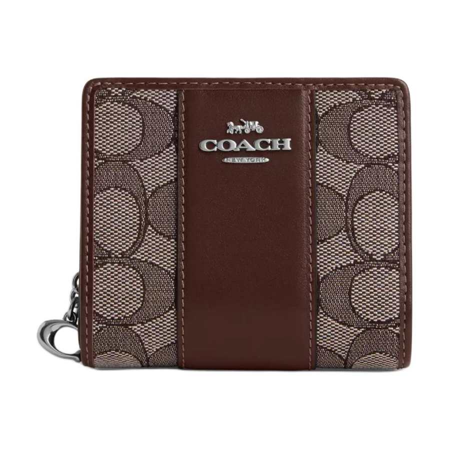 COACH Snap Wallet Iconic Jacquard With Refined Calfskin Wallet Women's Silver & Oak & Maple