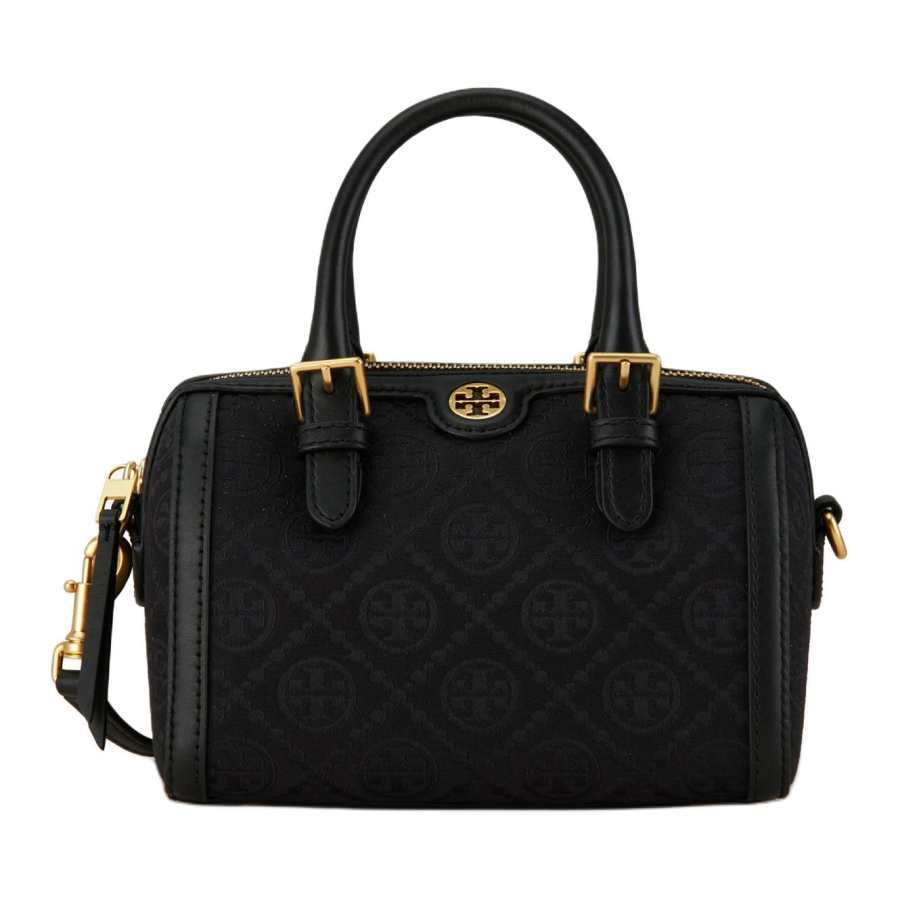 TORY BURCH T Monogram Fabric With Cow Leather Barrel Bag, Handbag, Shoulder Bag Small Women's Black