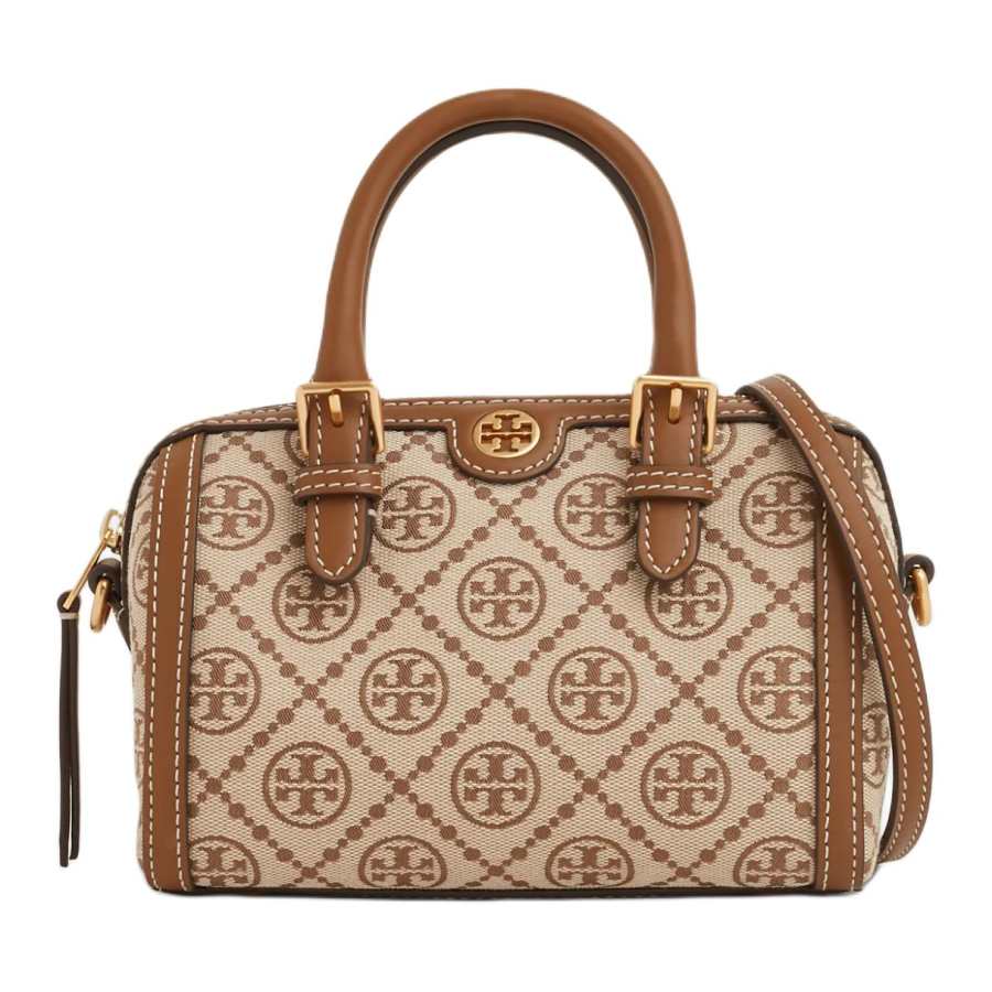 TORY BURCH T Monogram Fabric With Leather Boston Bag, Shoulder Bag, Crossbody Bag, Handbag Mini Women's Hazelnuts Brown