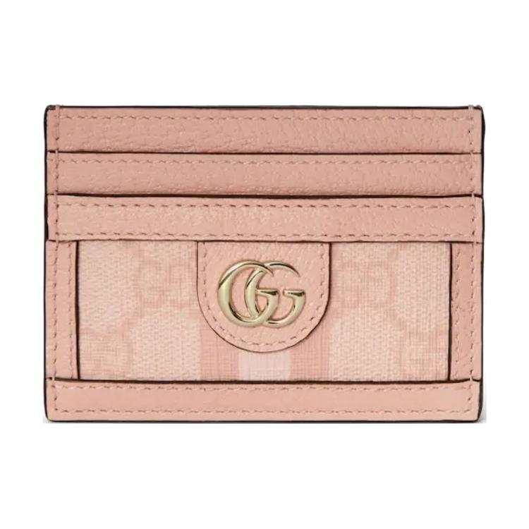 GUCCI Canvas With Leather Card Holder Women's Gray Pink