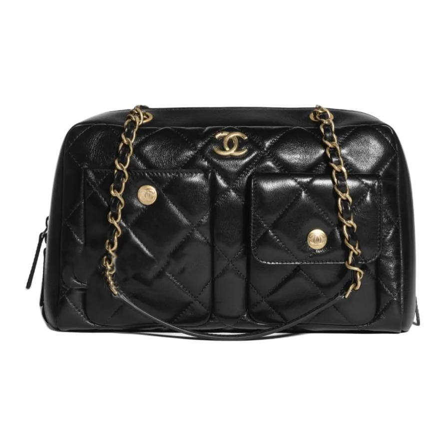 CHANEL Cow Leather Material Gold Metal Crossbody Bag, Shoulder Bag Large Women's Black
