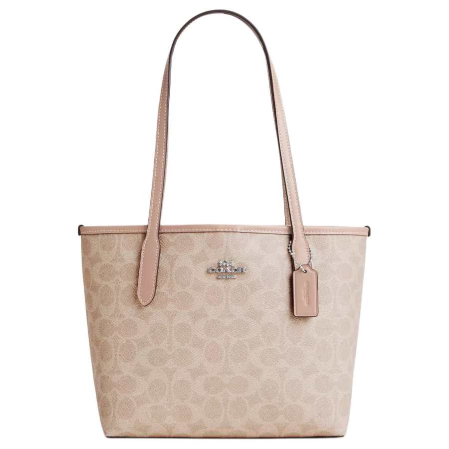 COACH City Coated Canvas With Leather Tote Bag, Shopping Bag, Shoulder Bag Medium Women's Silver & Sand
