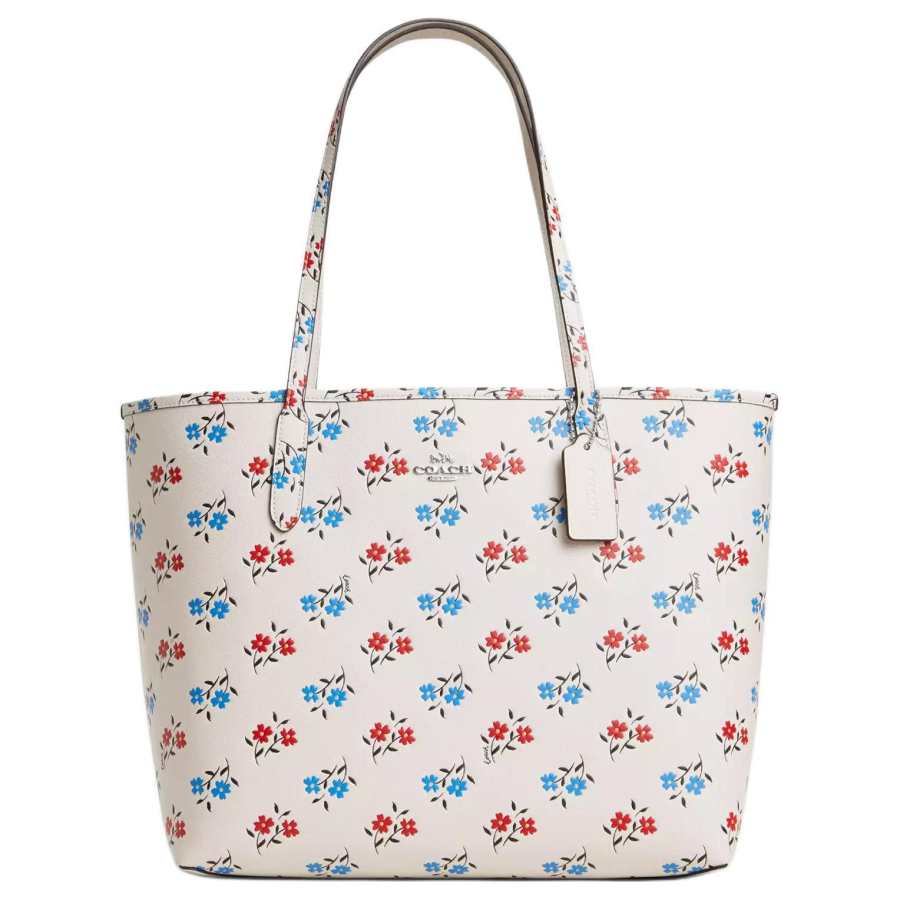 COACH City Refined Pebble Pattern Leather Tote Bag, Shopping Bag Large Women's White & Multicolor